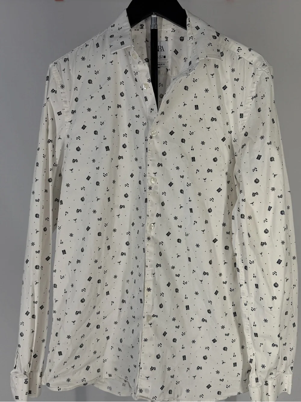 Zara White Long-Sleeve Shirt Jacket with Black Micro Motifs